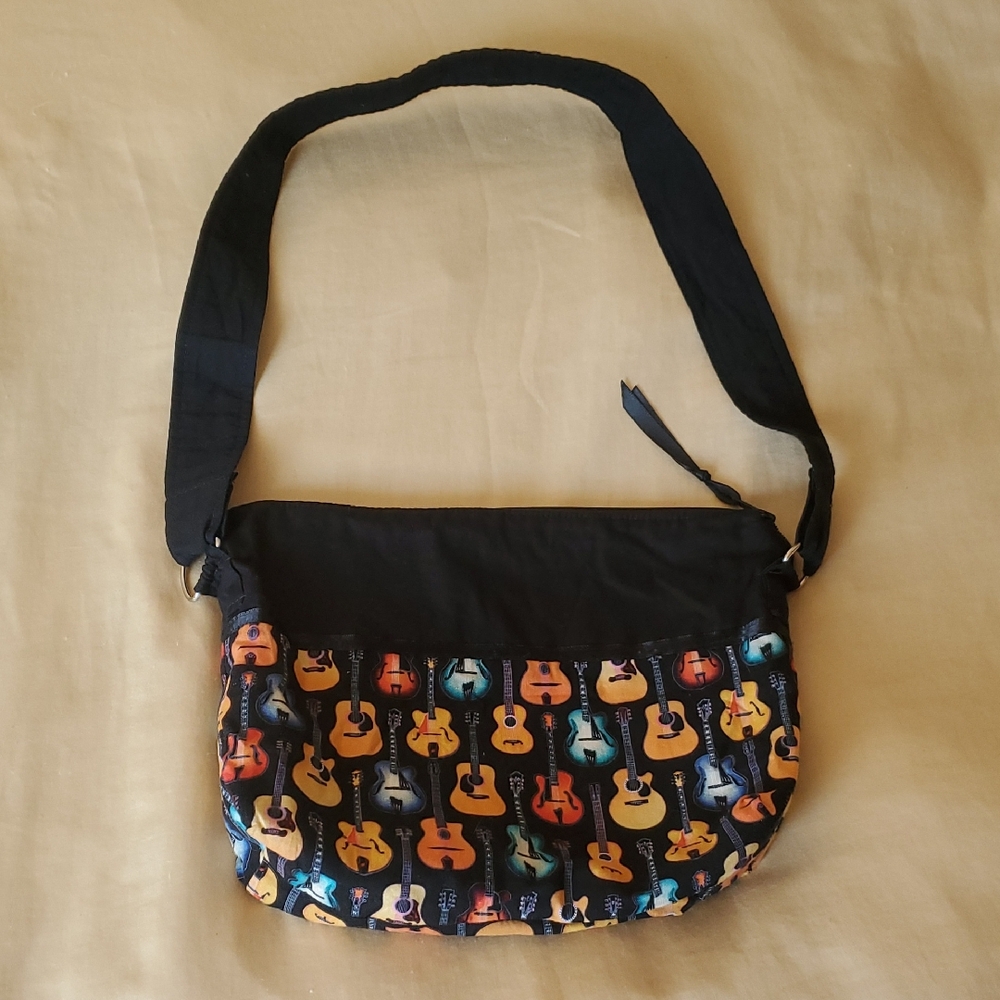 Black Guitar-Print Cloth Shoulder Bag